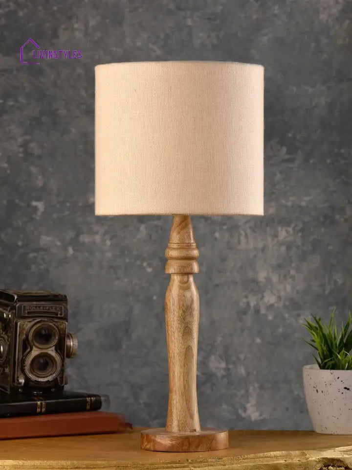 Round Brown Lamp With Taper Off White Cotton Shade