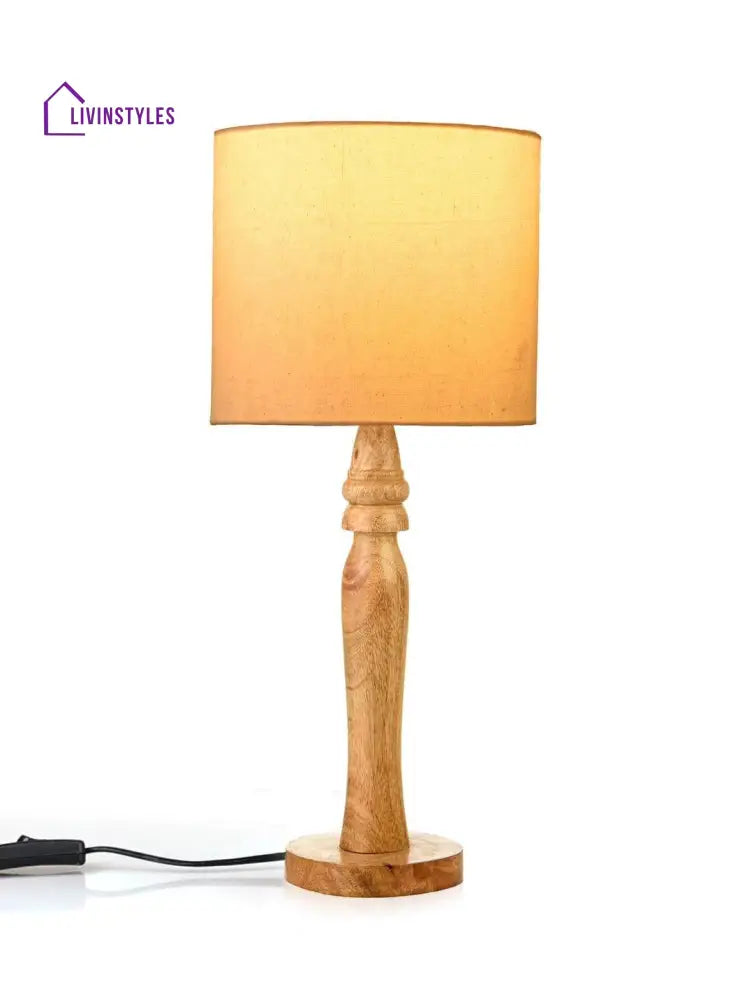 Round Brown Lamp With Taper Off White Cotton Shade