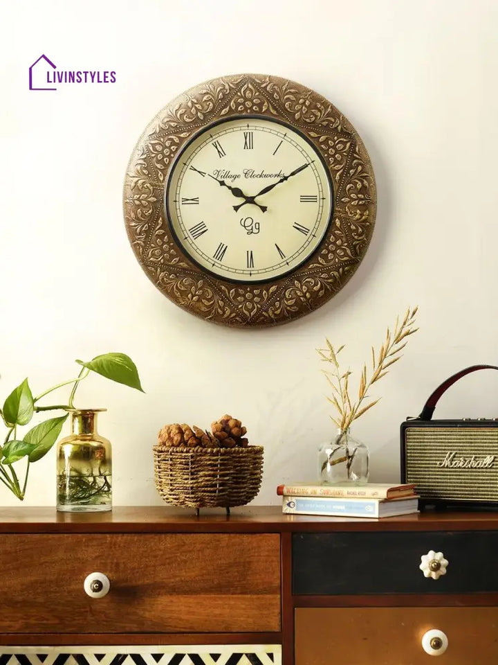 Round Embossed Brass 18 Inches Wall Clock