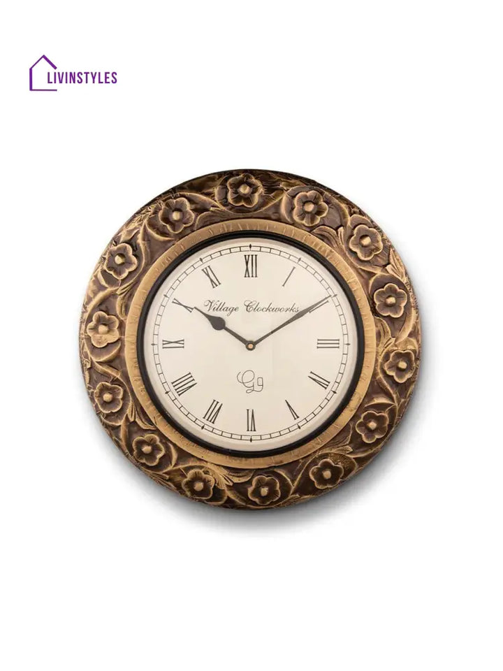 Round Flower Embossed Brass 16 Inches Wall Clock