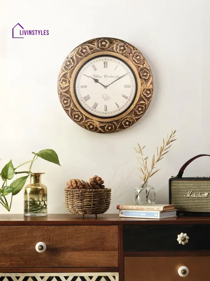 Round Flower Embossed Brass 16 Inches Wall Clock