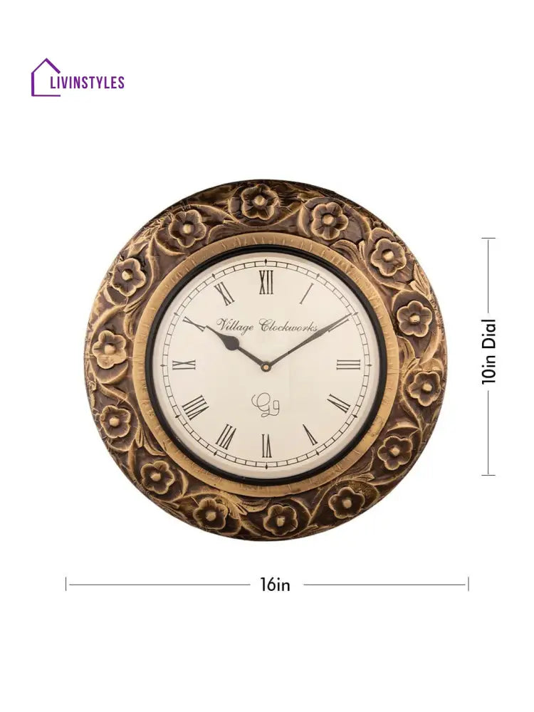 Round Flower Embossed Brass 16 Inches Wall Clock