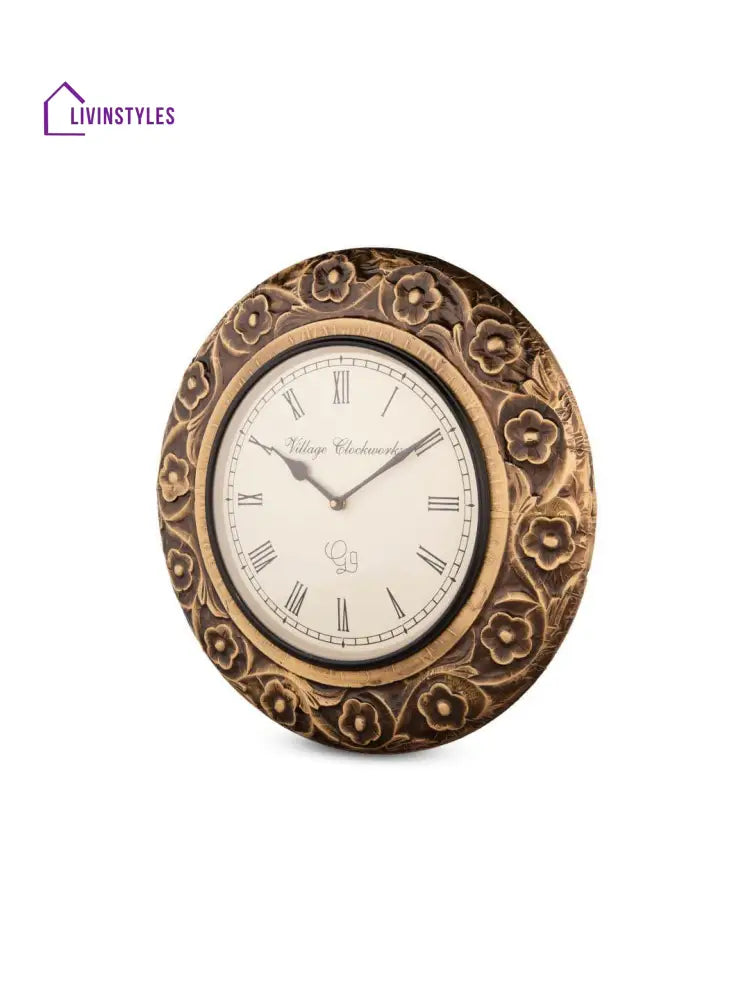 Round Flower Embossed Brass 16 Inches Wall Clock