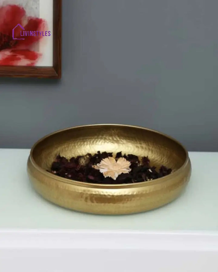 Round Golden Metal Decorative Urli Bowl For Floating Flowers | 12 Inches