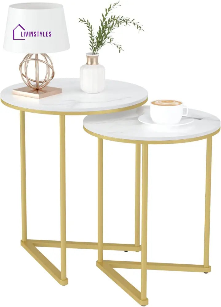 Round Shape Iron Stand Side Marble Table Set of 2 Table