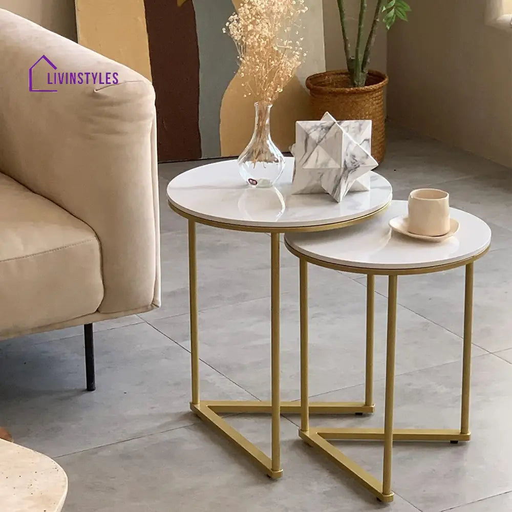 Round Shape Iron Stand Side Marble Table Set of 2 Table