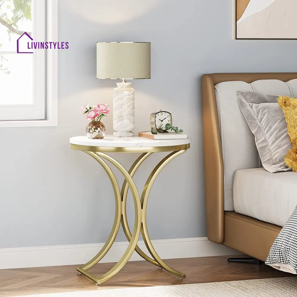 Round Sofa Side Table In Metal Frame With Marble Top End Tables