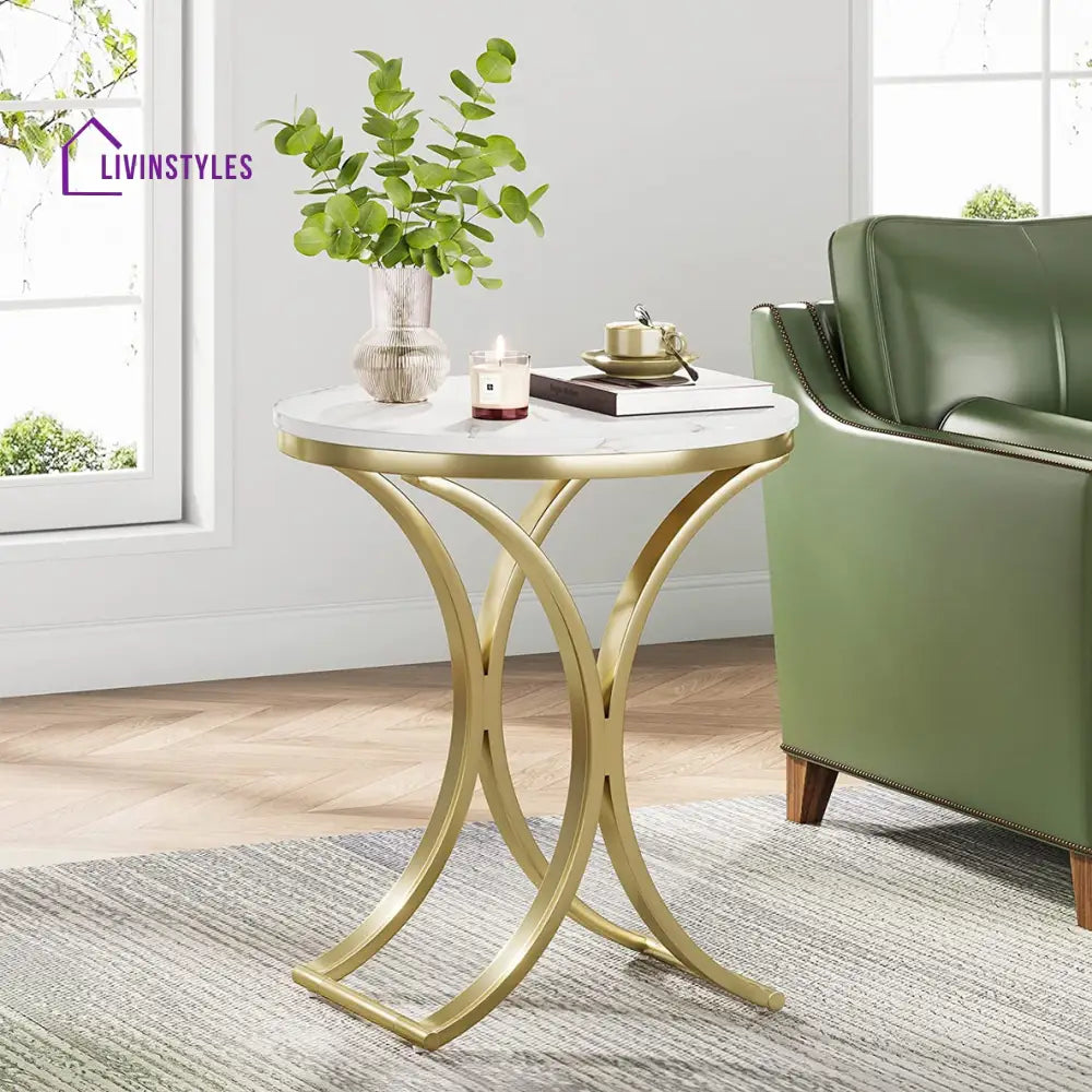 Round Sofa Side Table In Metal Frame With Marble Top End Tables