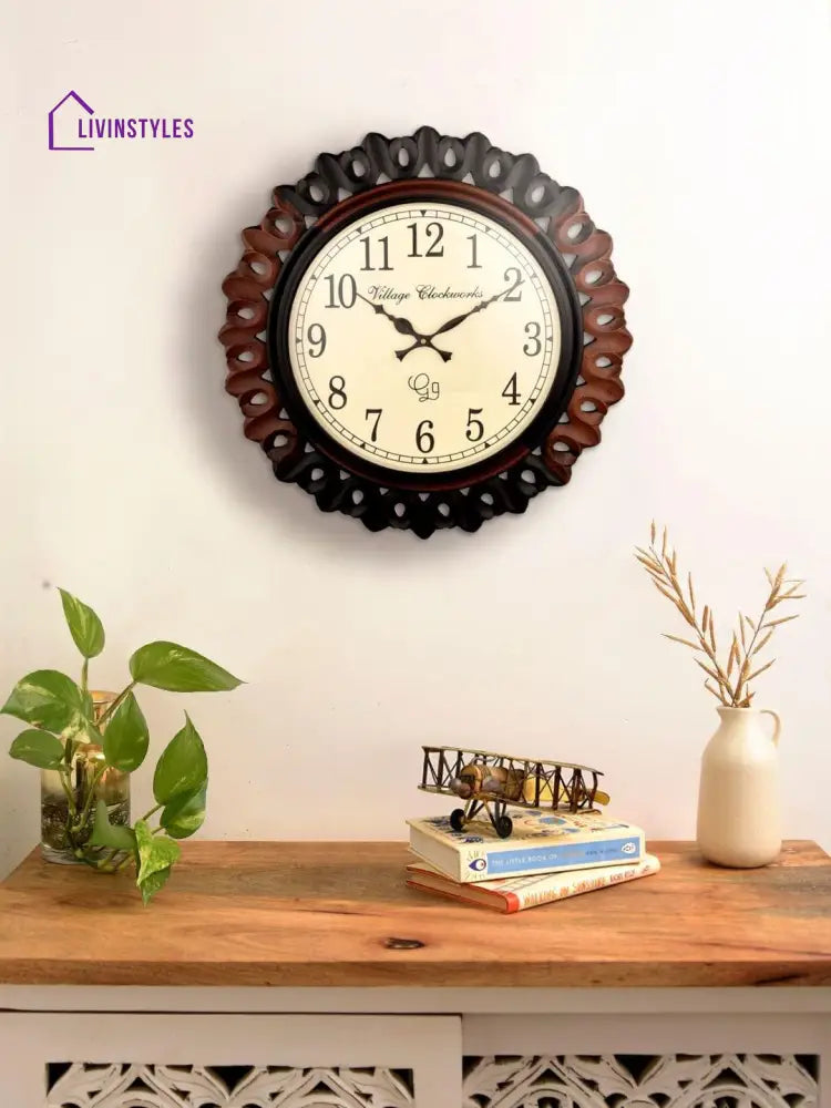 Round Wooden Carving 18 Inches Wall Clock