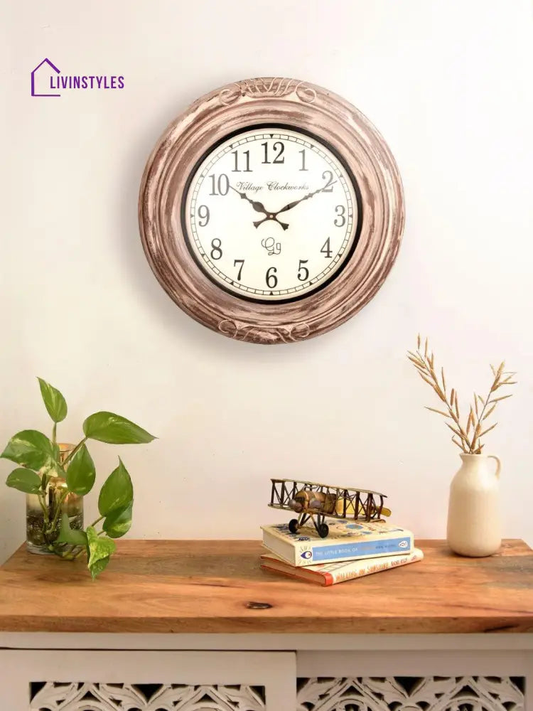 Round Wooden Distress White 18 Inches Wall Clock