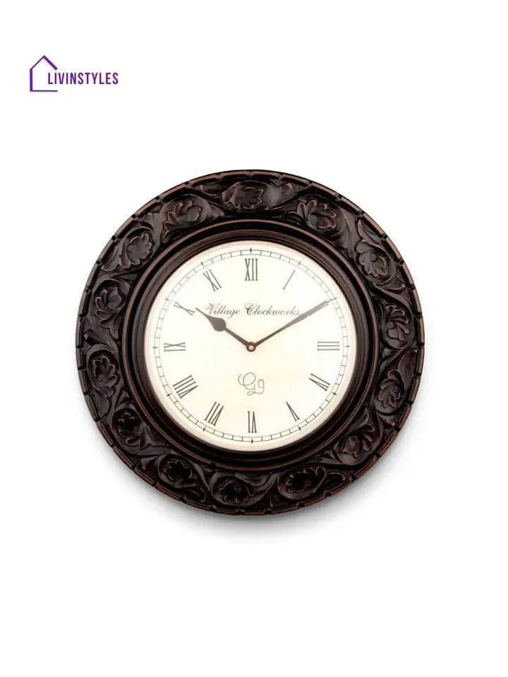 Round Wooden Flower Carved 16 Inches Wall Clock