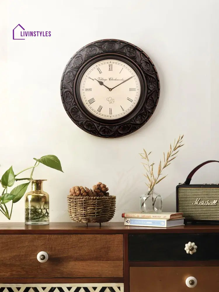 Round Wooden Flower Carved 16 Inches Wall Clock