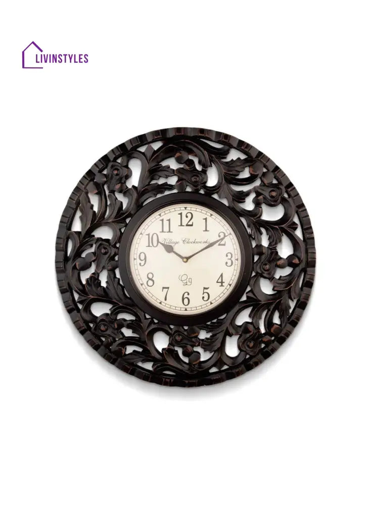 Round Wooden Flower Carving 18 Inches Wall Clock