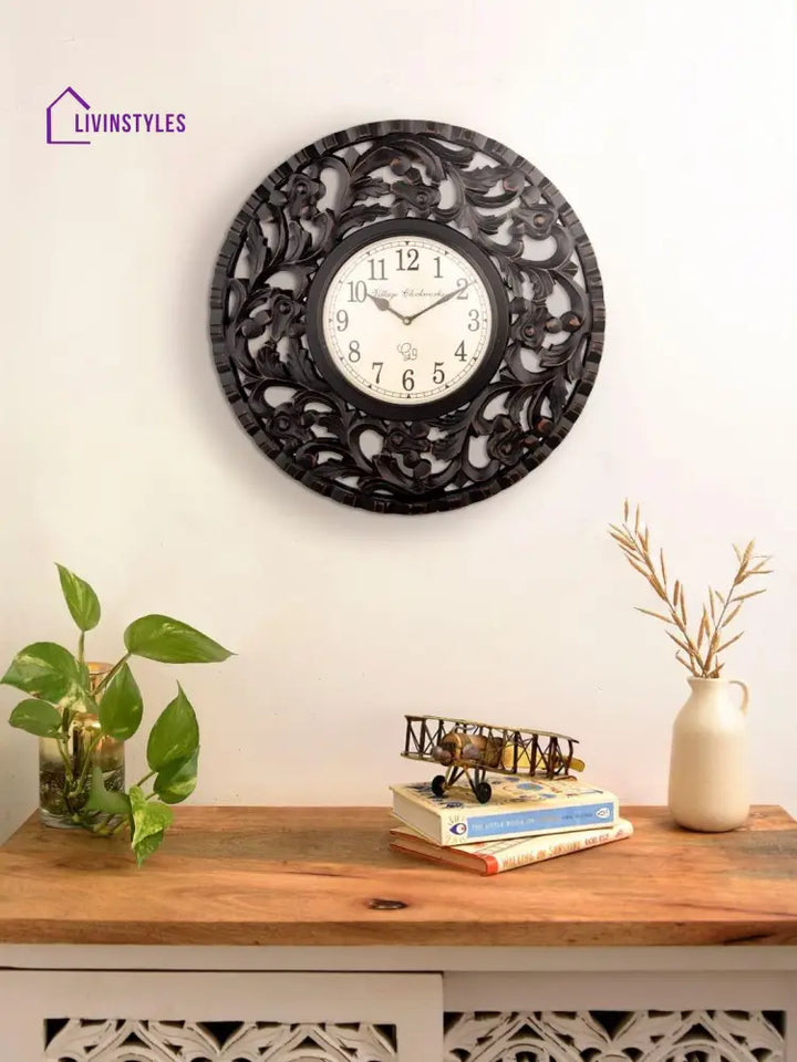 Round Wooden Flower Carving 18 Inches Wall Clock