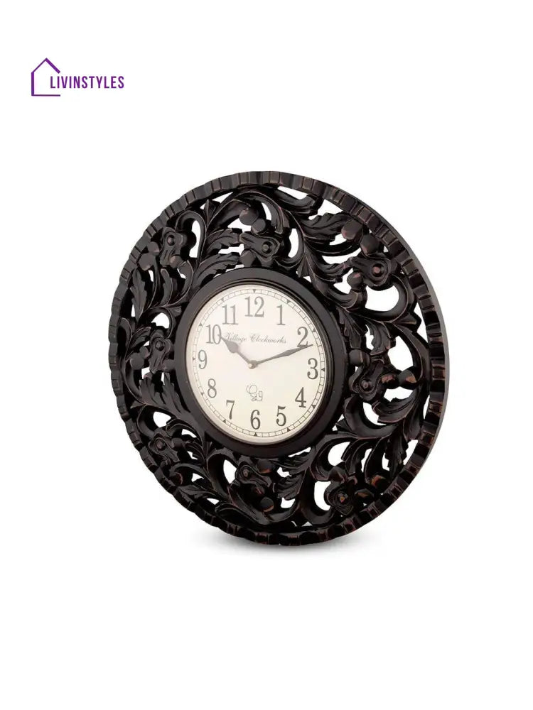 Round Wooden Flower Carving 18 Inches Wall Clock