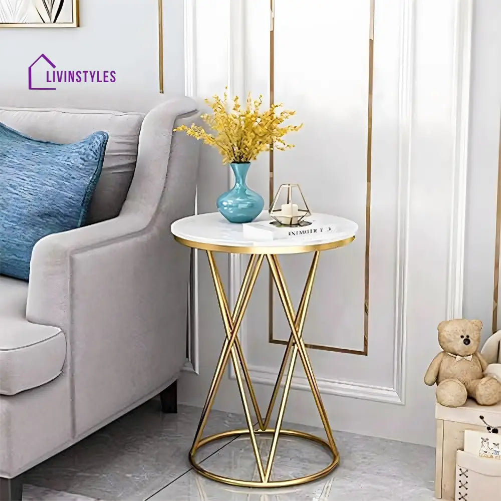 Rounded Side End Designer Golden Metal Finish Side Table Table