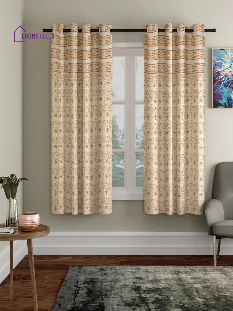 Rust And Gold Color Cotton Metallic Print Set Of 2 Window Curtain (47X62 Inch)