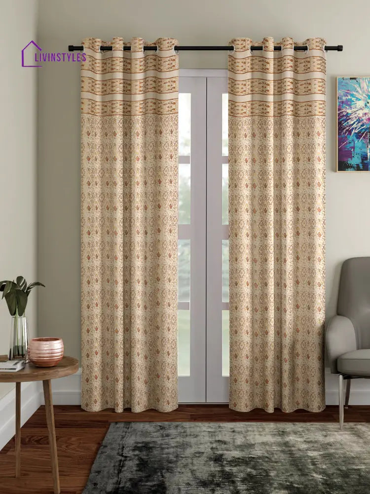 Rust And Gold Colour Cotton Metallic Print Set Of 2 Door Curtain (47X85 Inch)