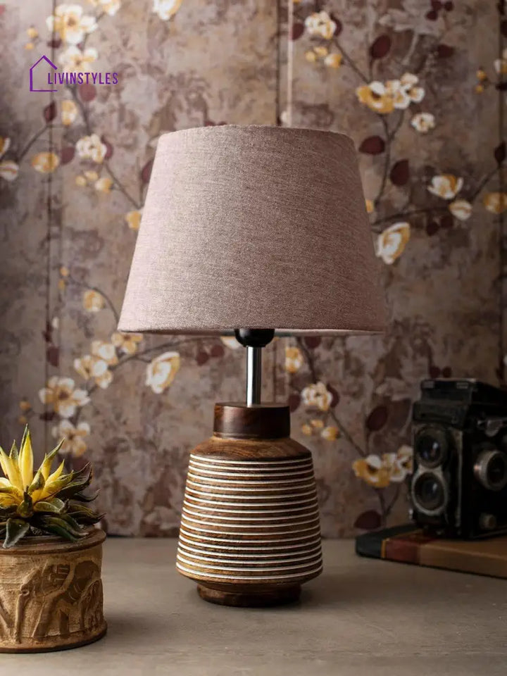 Rustic Ridged Wooden Lamp With Samre Brown Shade Table