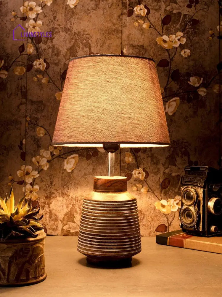 Rustic Ridged Wooden Lamp With Samre Brown Shade Table