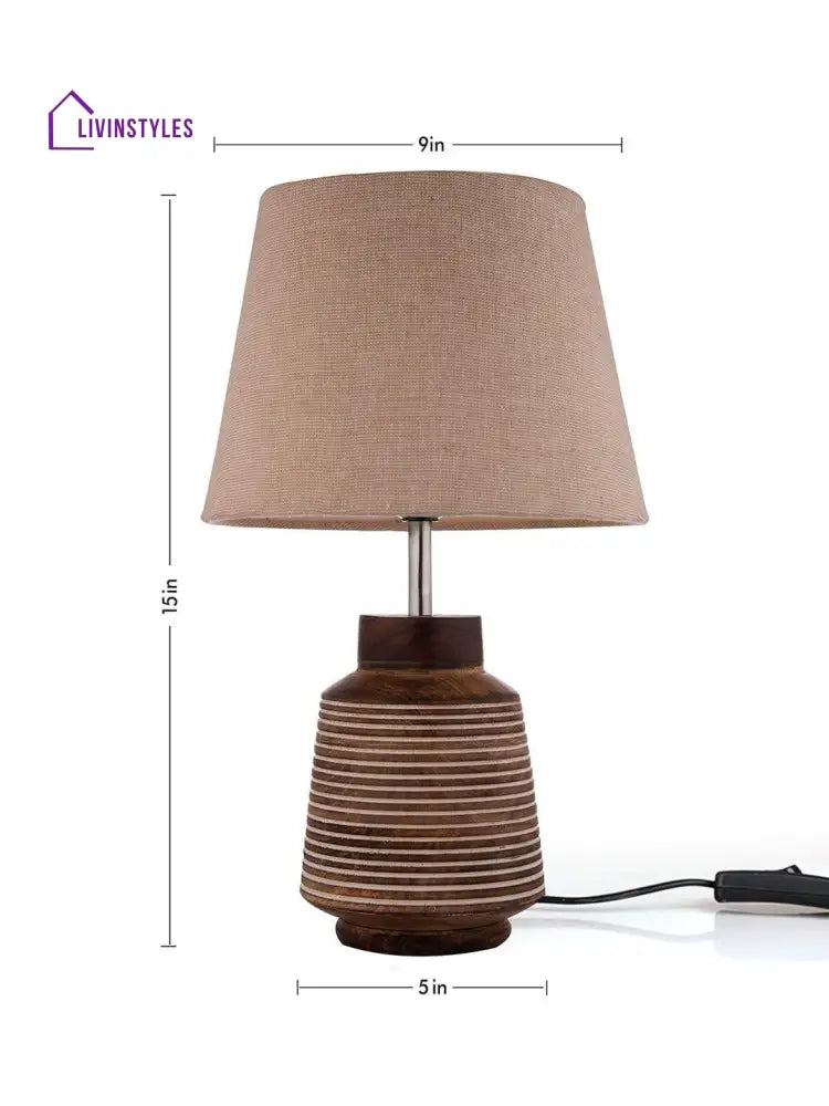 Rustic Ridged Wooden Lamp With Samre Brown Shade Table