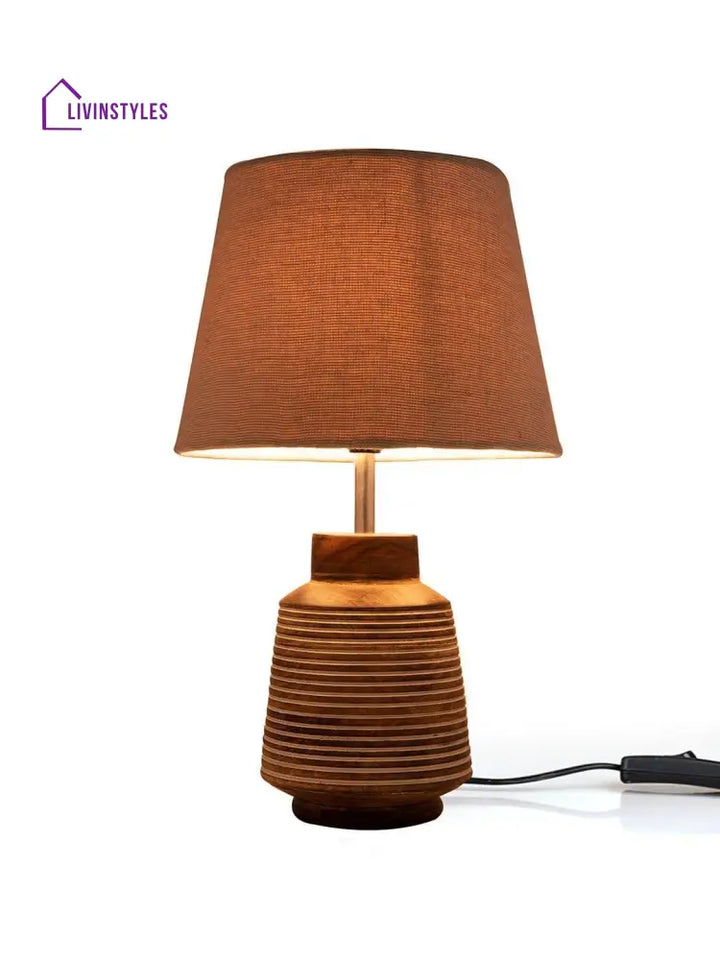 Rustic Ridged Wooden Lamp With Samre Brown Shade Table