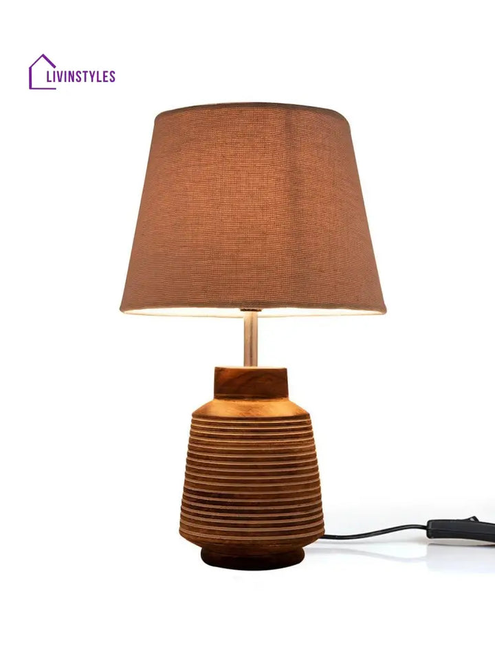 Rustic Ridged Wooden Lamp With Samre Grey Shade Table