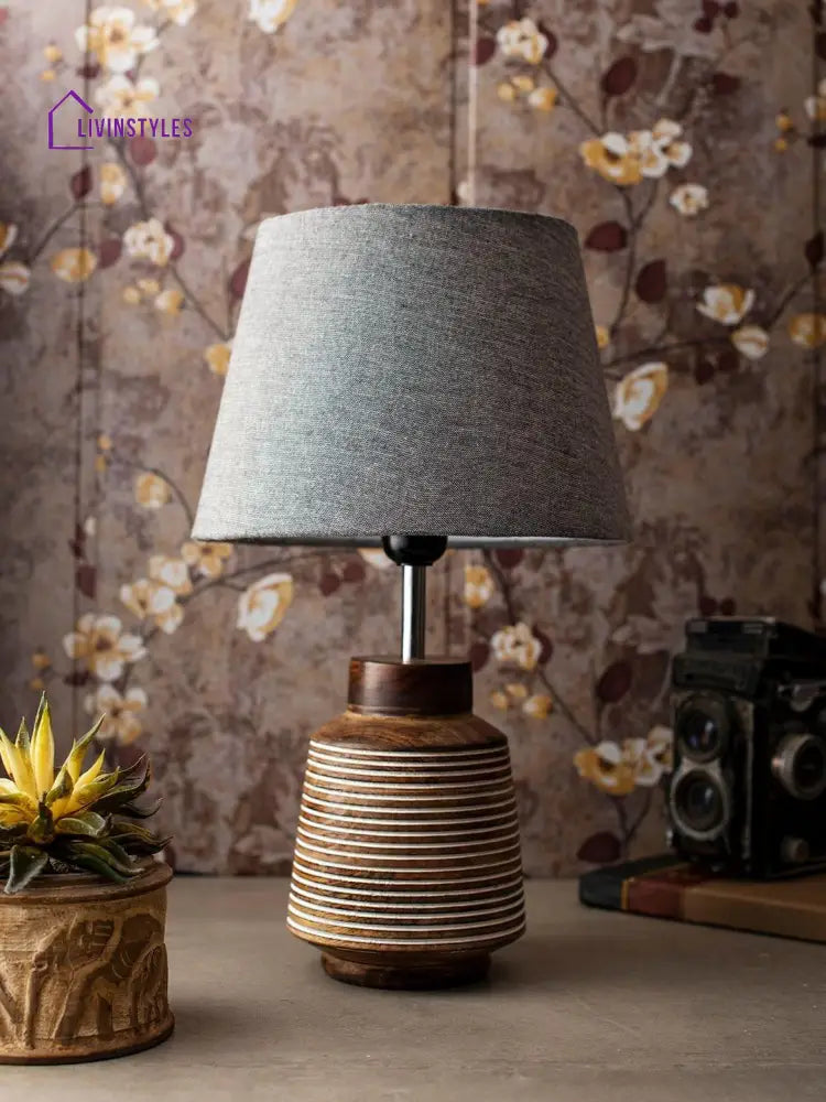 Rustic Ridged Wooden Lamp With Samre Grey Shade Table