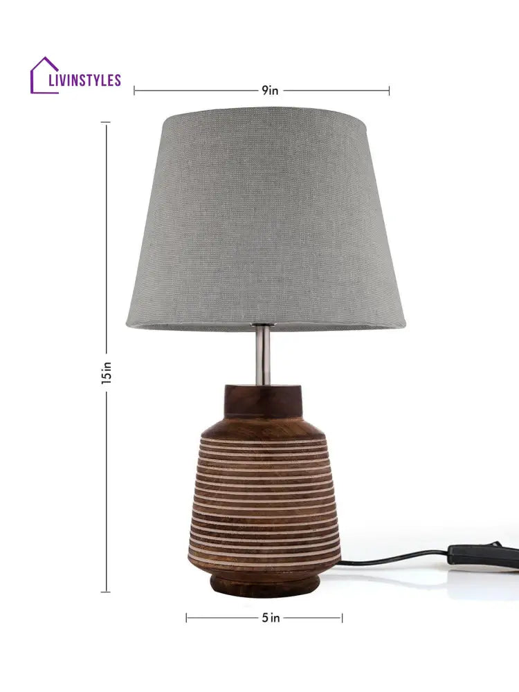 Rustic Ridged Wooden Lamp With Samre Grey Shade Table