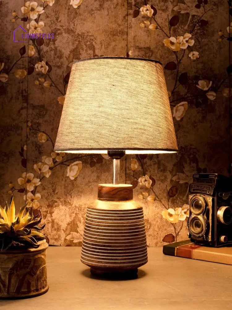 Rustic Ridged Wooden Lamp With Samre Grey Shade Table