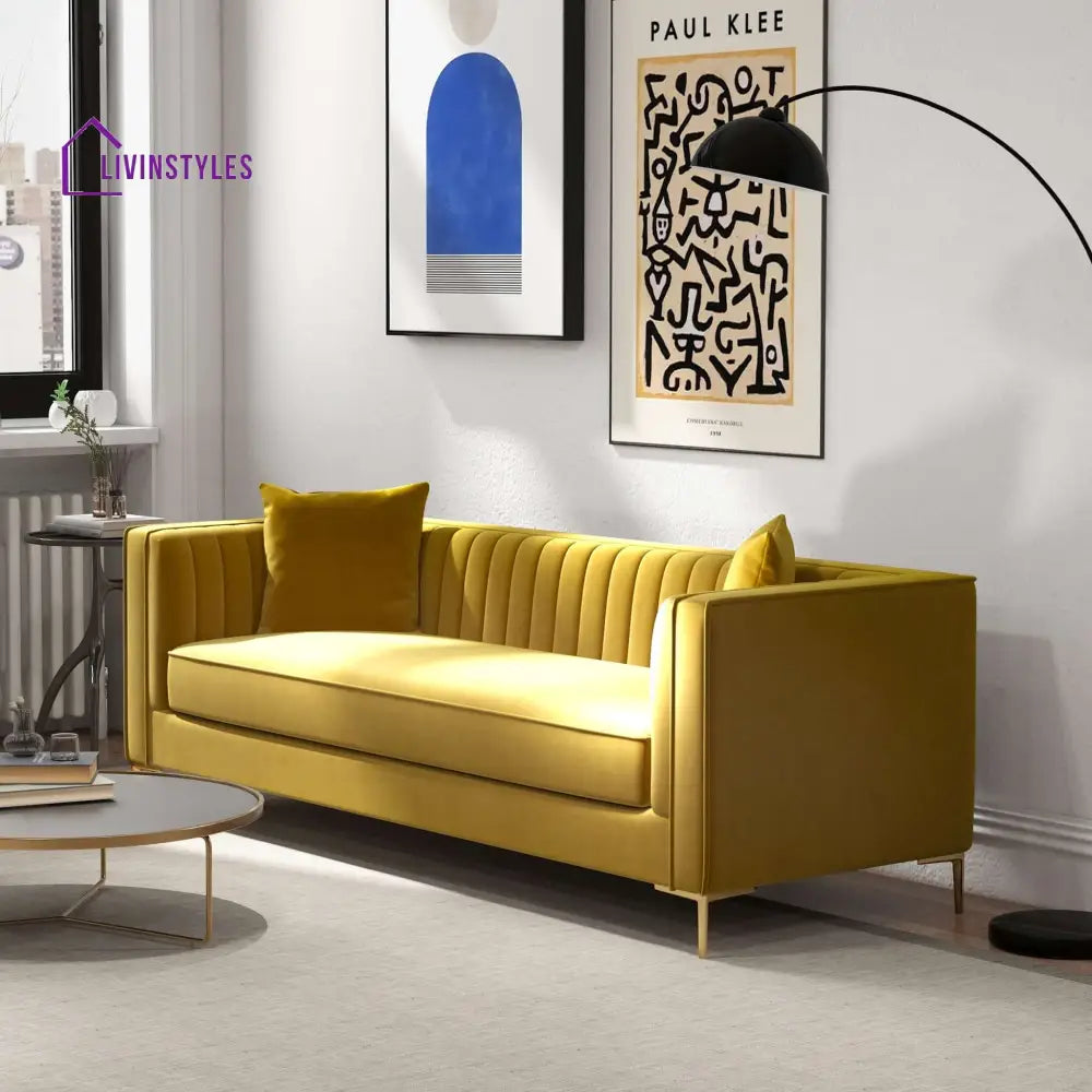 Sachin Yellow Three Seater Sofa For Living Room