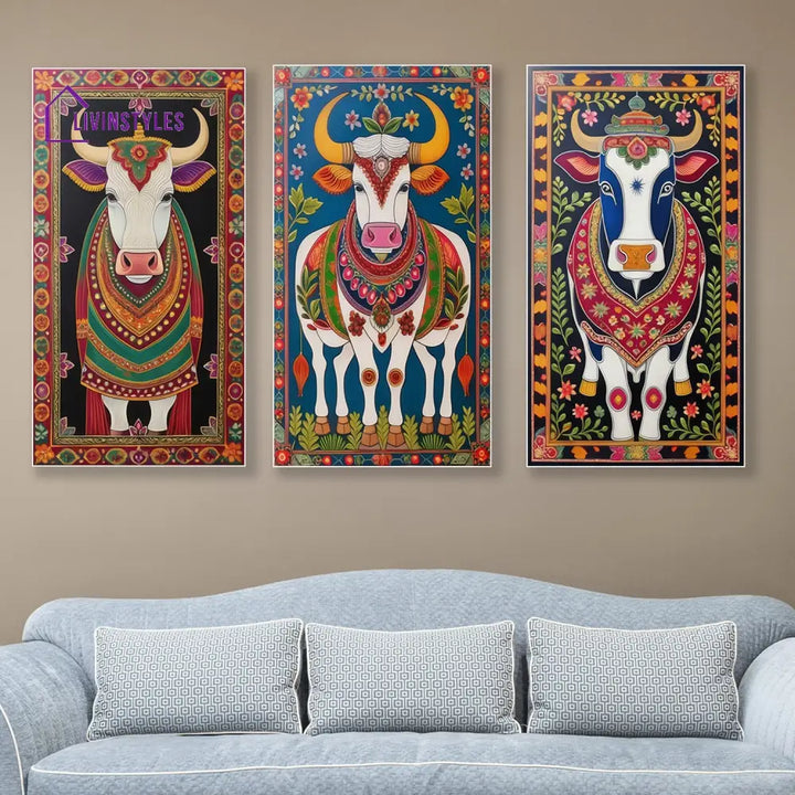 Sacred Indian Cow Canvas Collection Printed Wall Painting Set Of 3