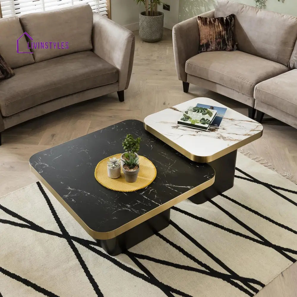 Sagarika Premium Set Of 3 Ceramic Marble Top Large Coffee Tables White & Black Square Living Room /