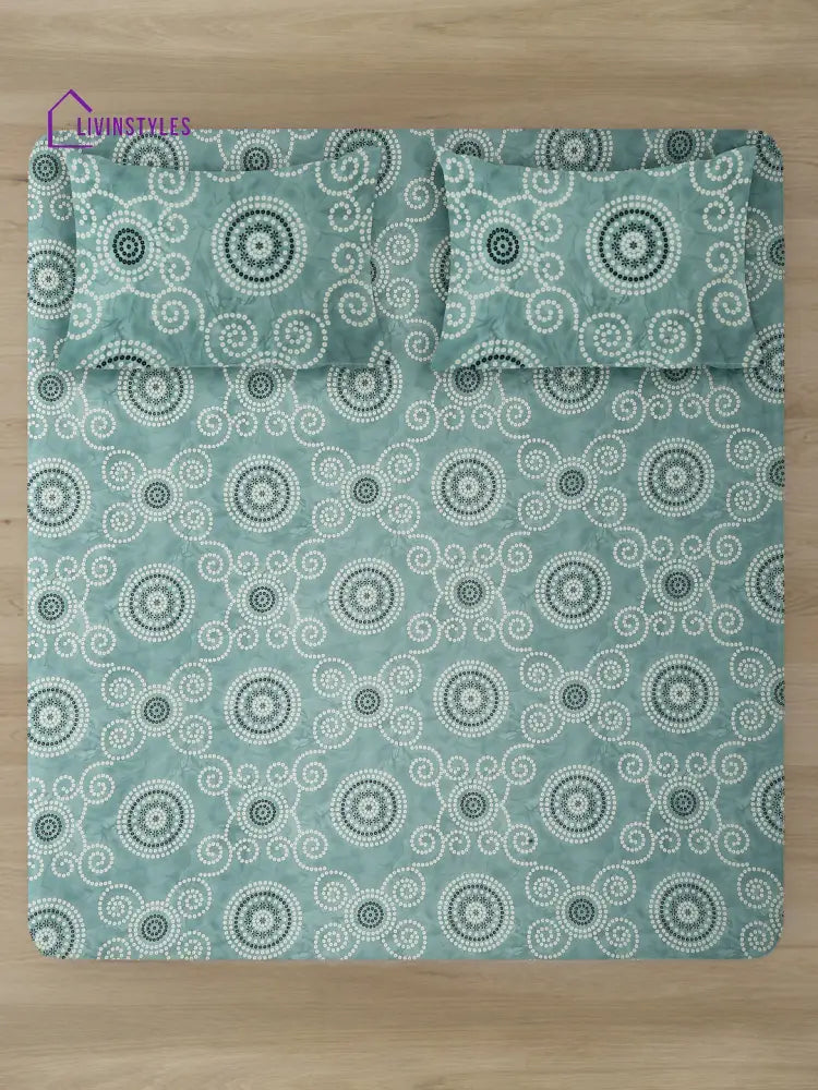 Sage Green Floral Print 180 Tc Cotton King Bed Sheet With 2 Pillow Covers