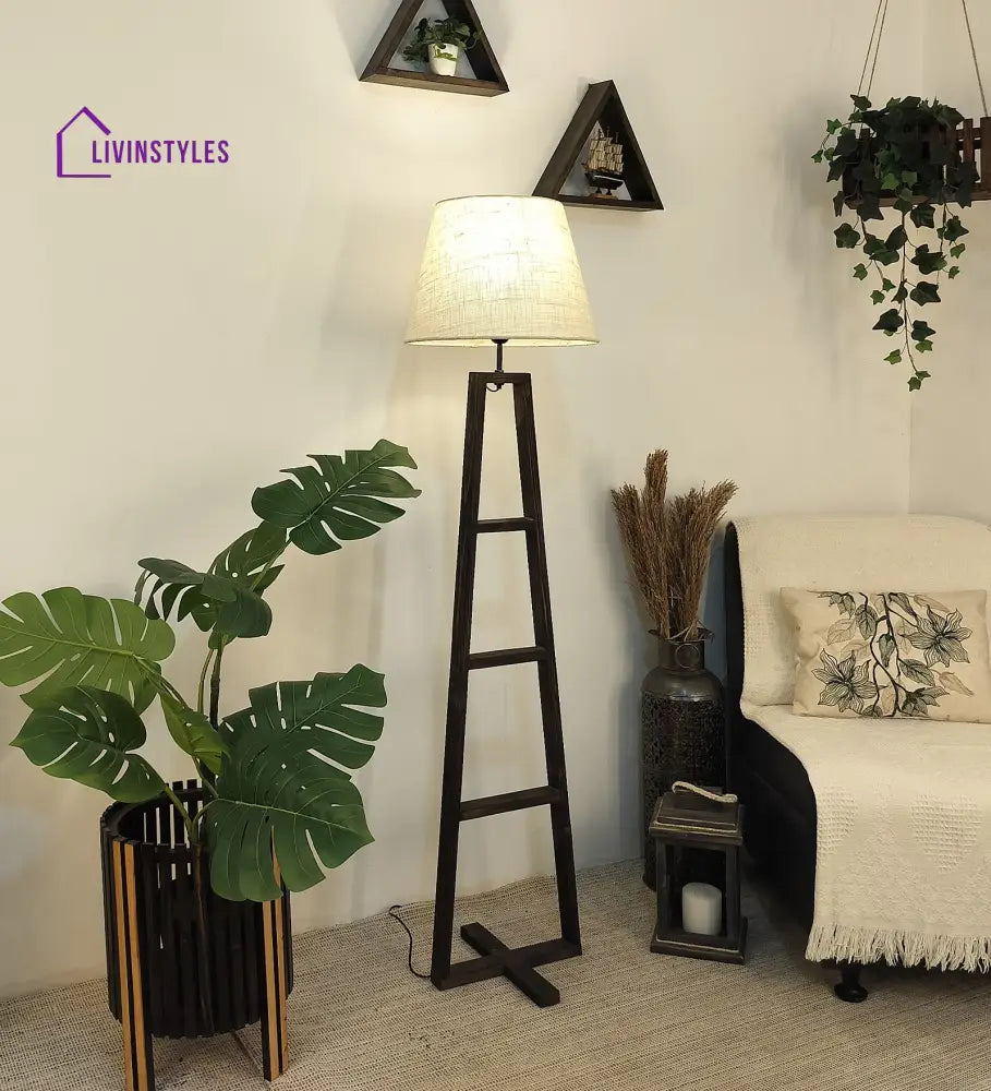 Salita Wooden Floor Lamp With Brown Base And Beige Fabric Lampshade Lamps