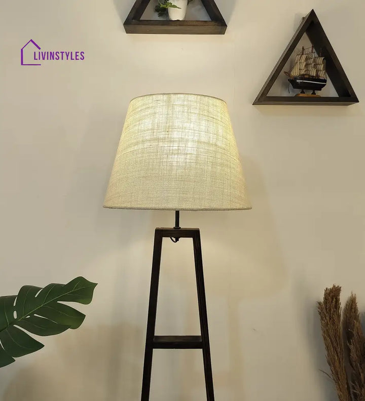 Salita Wooden Floor Lamp With Brown Base And Beige Fabric Lampshade Lamps