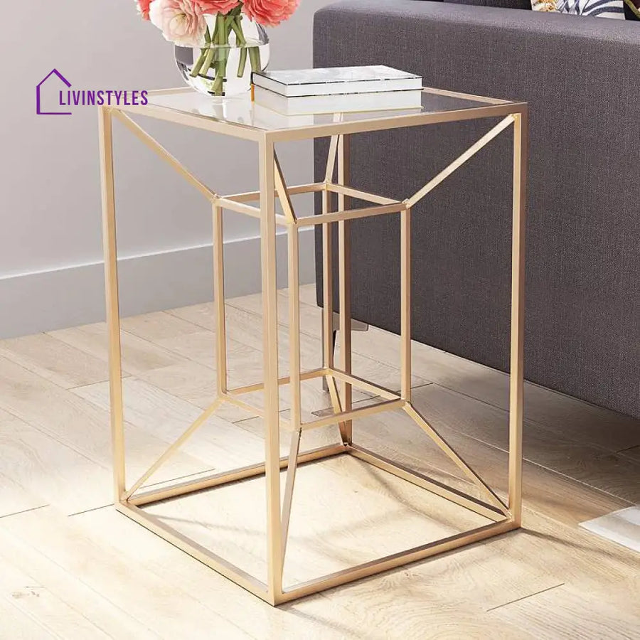 Sandeep Metal Golden Side Table For Living Room | Glass Top
