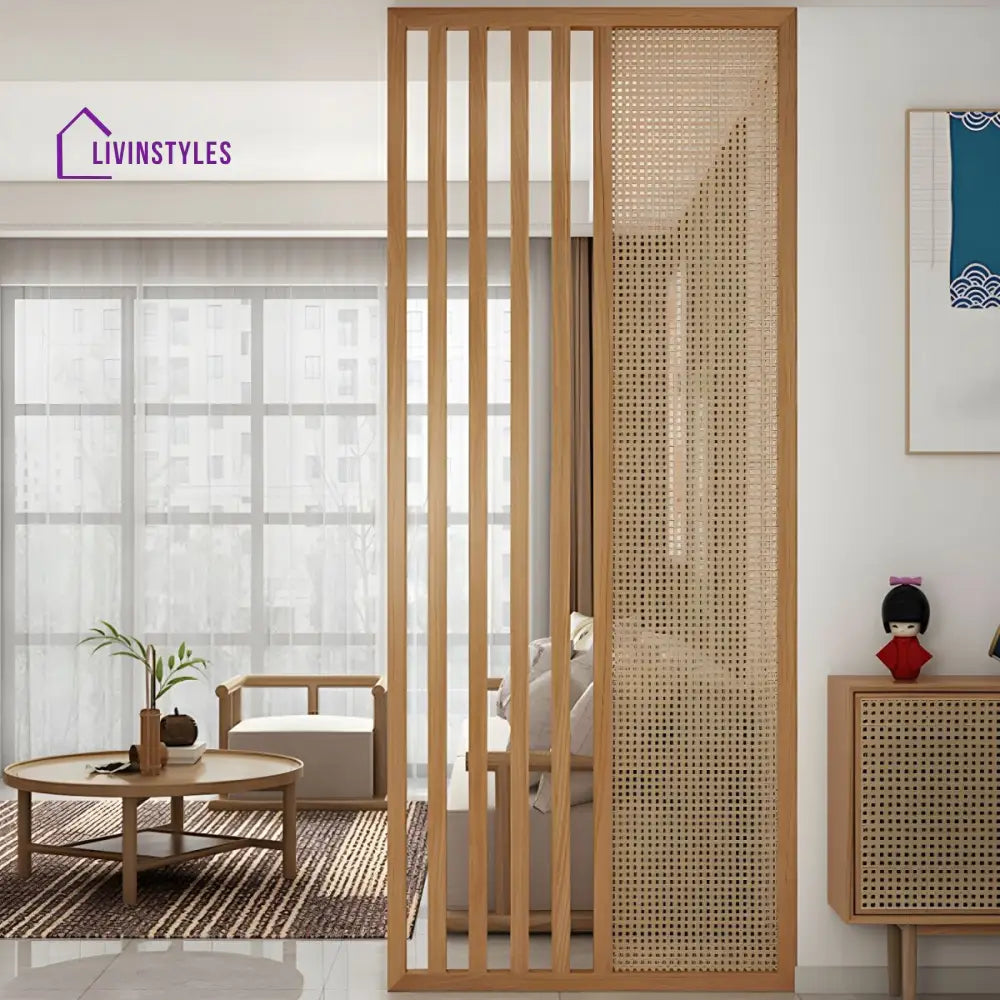 Saphira Wooden and Cane Weaving Room Partition for Living Room