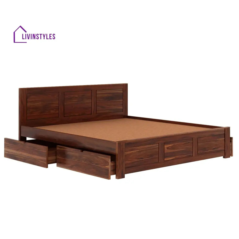 Satya Solid Sheesham Wood Bed With Four Drawers (King Size Honey Finish)