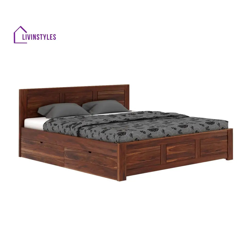 Satya Solid Sheesham Wood Bed With Four Drawers (King Size Honey Finish)