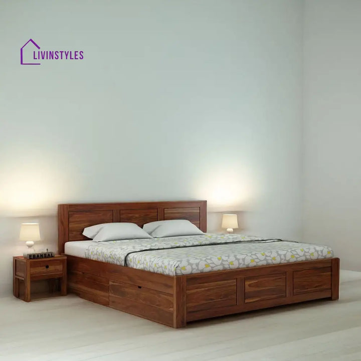 Satya Solid Sheesham Wood Bed With Four Drawers (King Size Honey Finish)