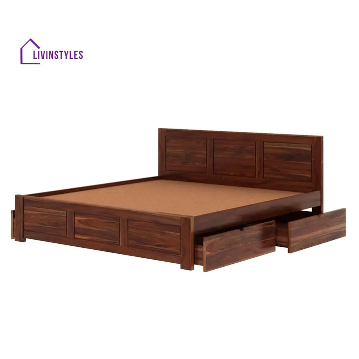 Satya Solid Sheesham Wood Bed With Four Drawers (King Size Honey Finish)