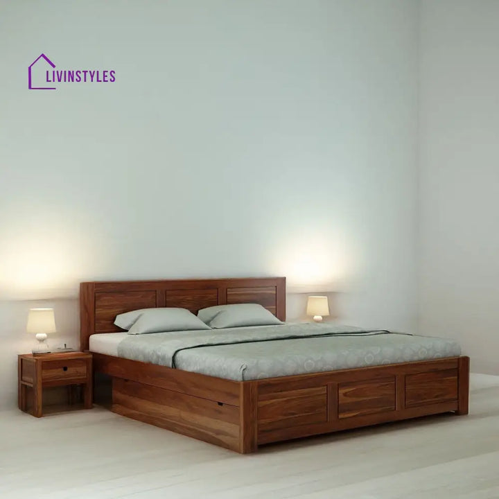 Satya Solid Sheesham Wood Bed With Two Drawers (King Size Honey Finish)