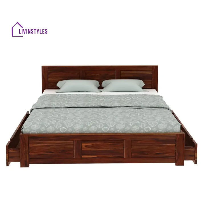 Satya Solid Sheesham Wood Bed With Two Drawers (King Size Honey Finish)