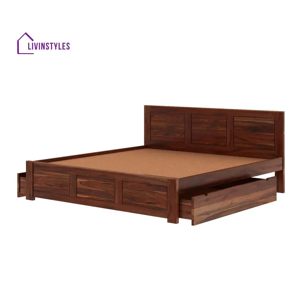 Satya Solid Sheesham Wood Bed With Two Drawers (King Size Honey Finish)