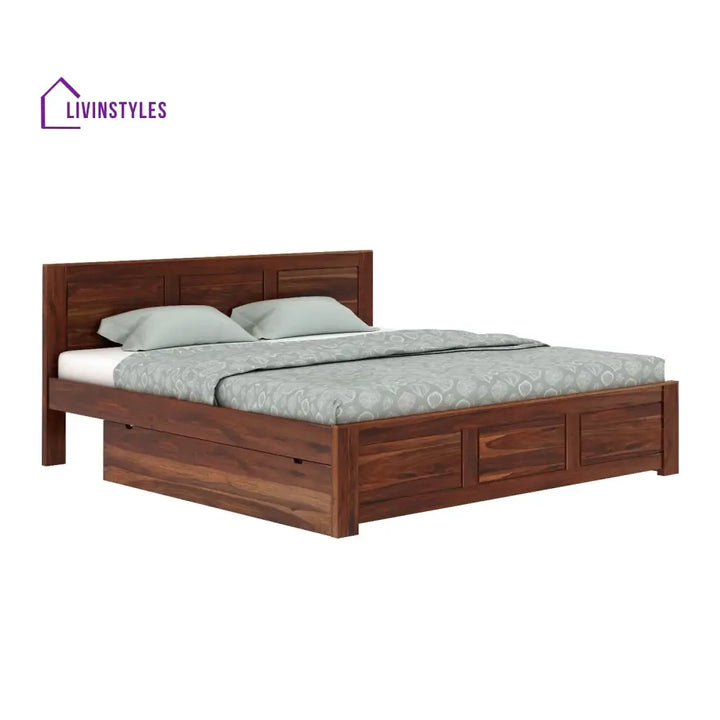 Satya Solid Sheesham Wood Bed With Two Drawers (King Size Honey Finish)