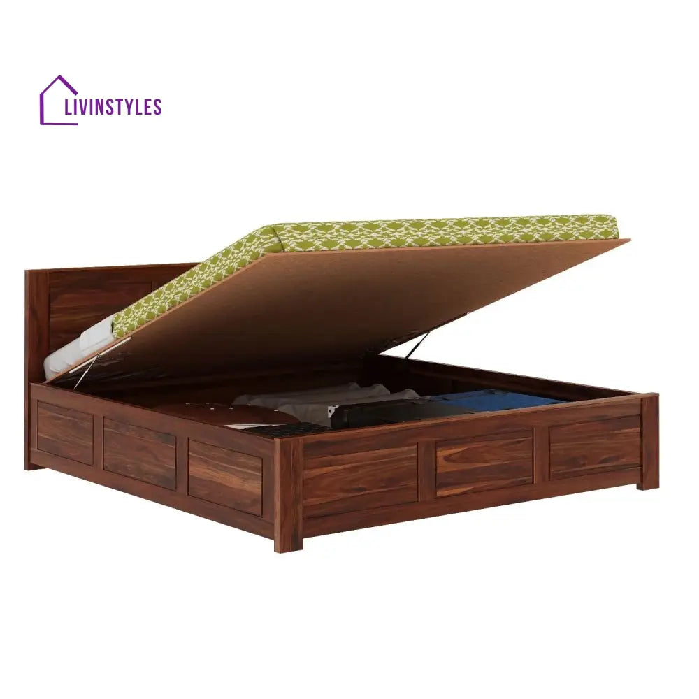 Satya Solid Sheesham Wood Hydraulic Bed With Box Storage (King Size Honey Finish)