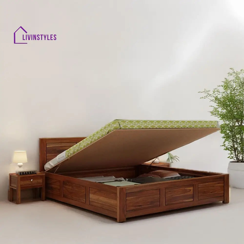 Satya Solid Sheesham Wood Hydraulic Bed With Box Storage (King Size Honey Finish)