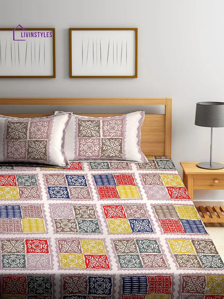 Screen Block Print Jaipuri Cotton Geometric Pattern King Size Bedsheet With 2 Pillow Covers