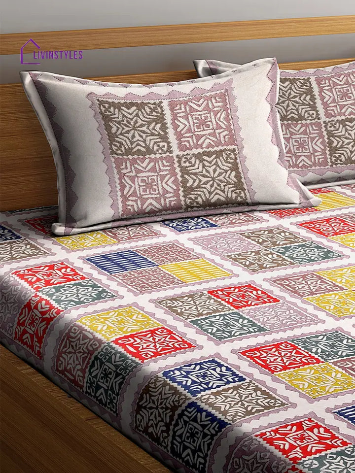 Screen Block Print Jaipuri Cotton Geometric Pattern King Size Bedsheet With 2 Pillow Covers